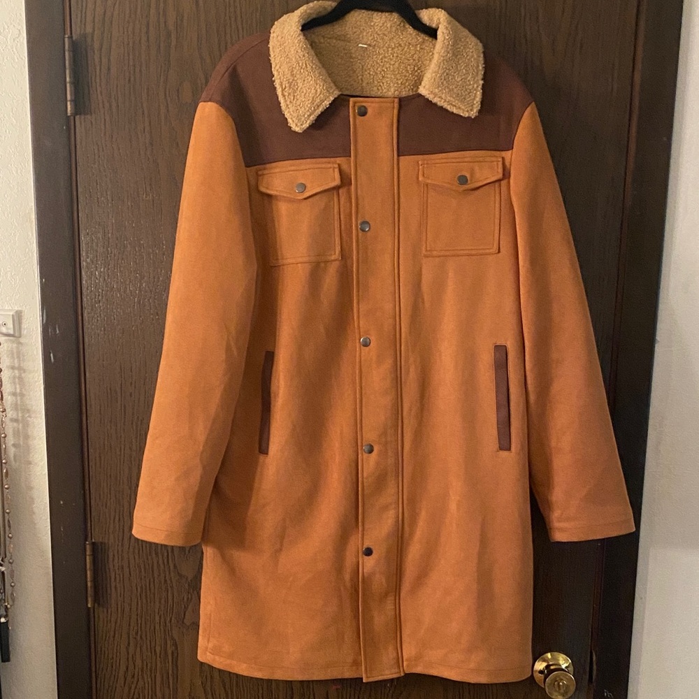 Men's Tan and Brown Sherpa-Lined Military Coat
